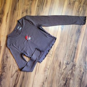 Arizona Jean Co Brown Embroidered Mushroom Long Sleeve Cropped Shirt Size M